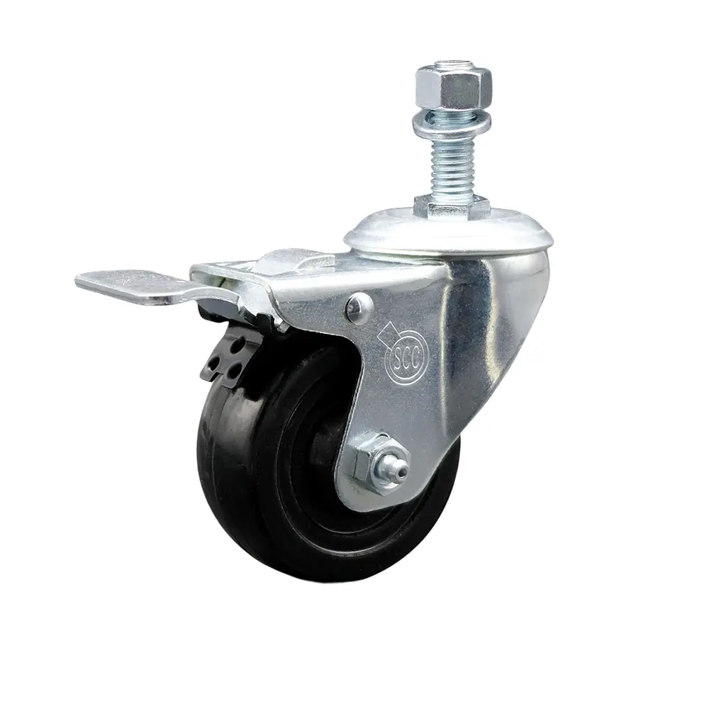 Service Caster SCC-TSTTL20S314-HRS-M1215 Hard Rubber Swivel Threaded Stem Caster, Threaded Castors with 3 x 1.25 in. Black Wheel, 12 mm Stem, and Total Locking Brake