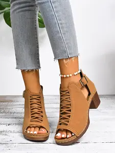 Women's Retro Knitted Chunky Heel Roman Sandals, Fish Mouth Back Strap, Anti-Slip Wear-Resistant Vacation Style Shoes, Footwear