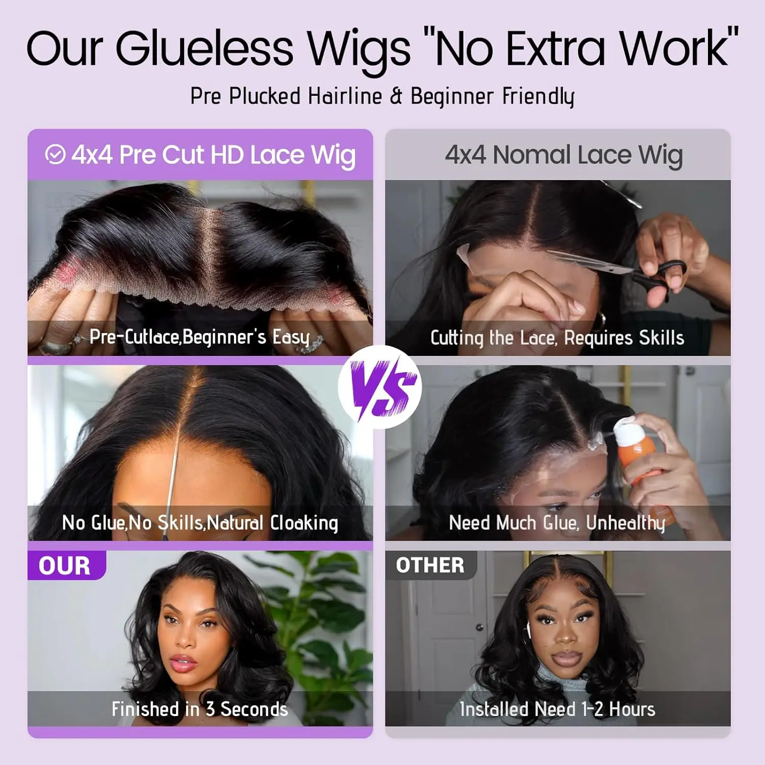 VRbest Wear and Go Glueless Wigs Pre Plucked Pre Cut 4x4 