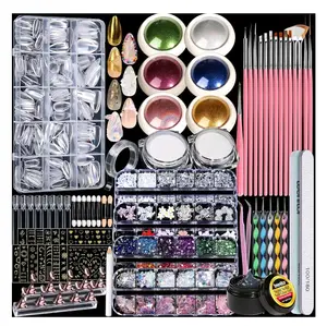 Acrylic Nail Kit With Chrome Powder, Almond Tips, Art Brushes, Charms, 3D Gel, Tools, Stand - Beginner Set