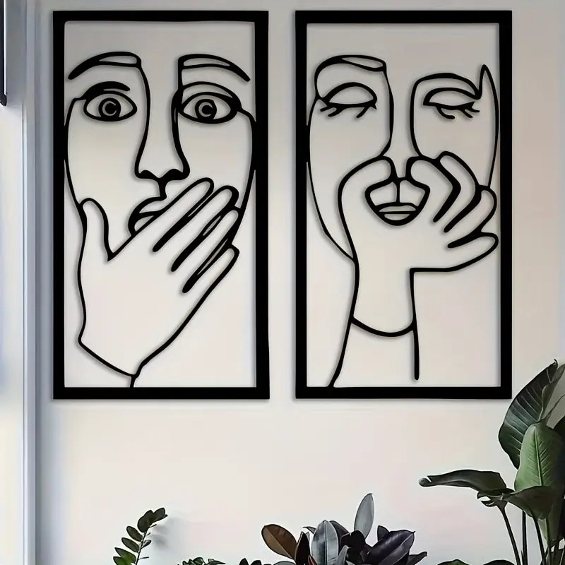 Two-piece set, humorous metal wall art piece, 13.78 inches, fun facial line art bathroom logo, easy-to-install toilet wall decoration, modern metal wall art, suitable for bathrooms, toilets, dressing rooms, washrooms, humorous gift