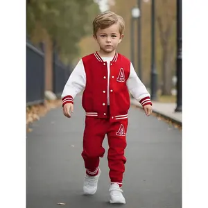 [Baseball Jacket And Pants Set] European And American Baby Boy Autumn And Winter Baseball Jacket with Letter A Print on It + Letter A Print Long Pants Two-Piece Set, Perfect for Outdoor