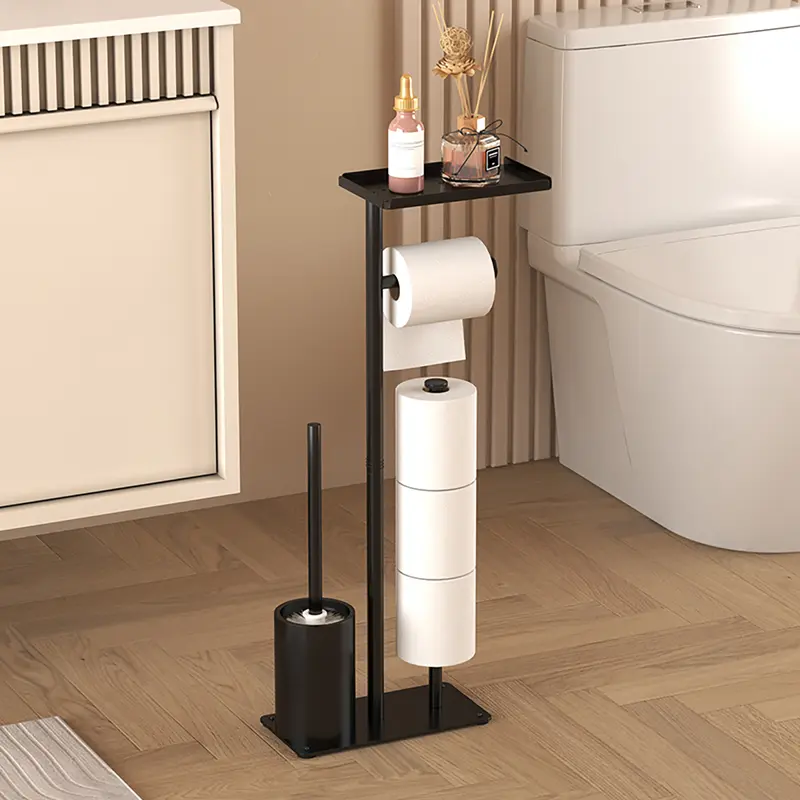 Freestanding Toilet Paper Holder With Storage Shelf – Floor Standing Tissue Organizer With Extra Roll Basket, Rustic Brown Top Shelf For Bathroom, RV, Apartment (Holds 2 Rolls)