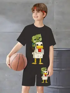 Boys' Minecraft Pixel Character Riding Print Set, Casual Sportswear Two-Piece, Slim-Fitting Random Print Design