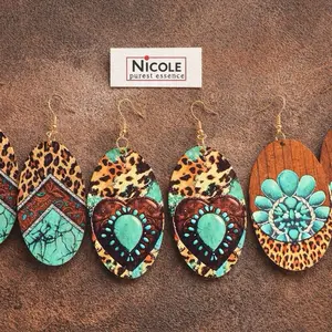 Western Turquoise Theme Wood Earrings