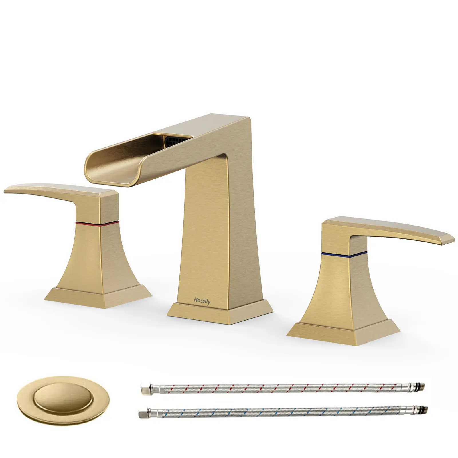 Bathroom Faucets for Sink 3 Holes, Bathroom Faucet, 8inch Widespread & Waterfall Bathroom Faucet with Stainless Steel Pop Up Drain and CUPC-Certified Safe Hose