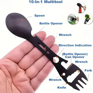 10-In-1 Stainless Steel Survival Tool Spoon, Camping Gear with Bottle Opener, Toothpick Knife, Portable Outdoor Accessories, Outdoor Kitchen Tool