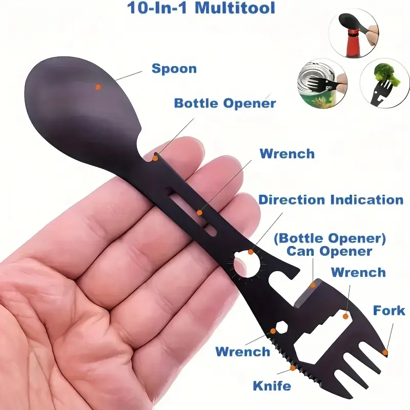 10-In-1 Stainless Steel Survival Tool Spoon, Camping Gear with Bottle Opener, Toothpick Knife, Portable Outdoor Accessories, Outdoor Kitchen Tool, Camping Utensils