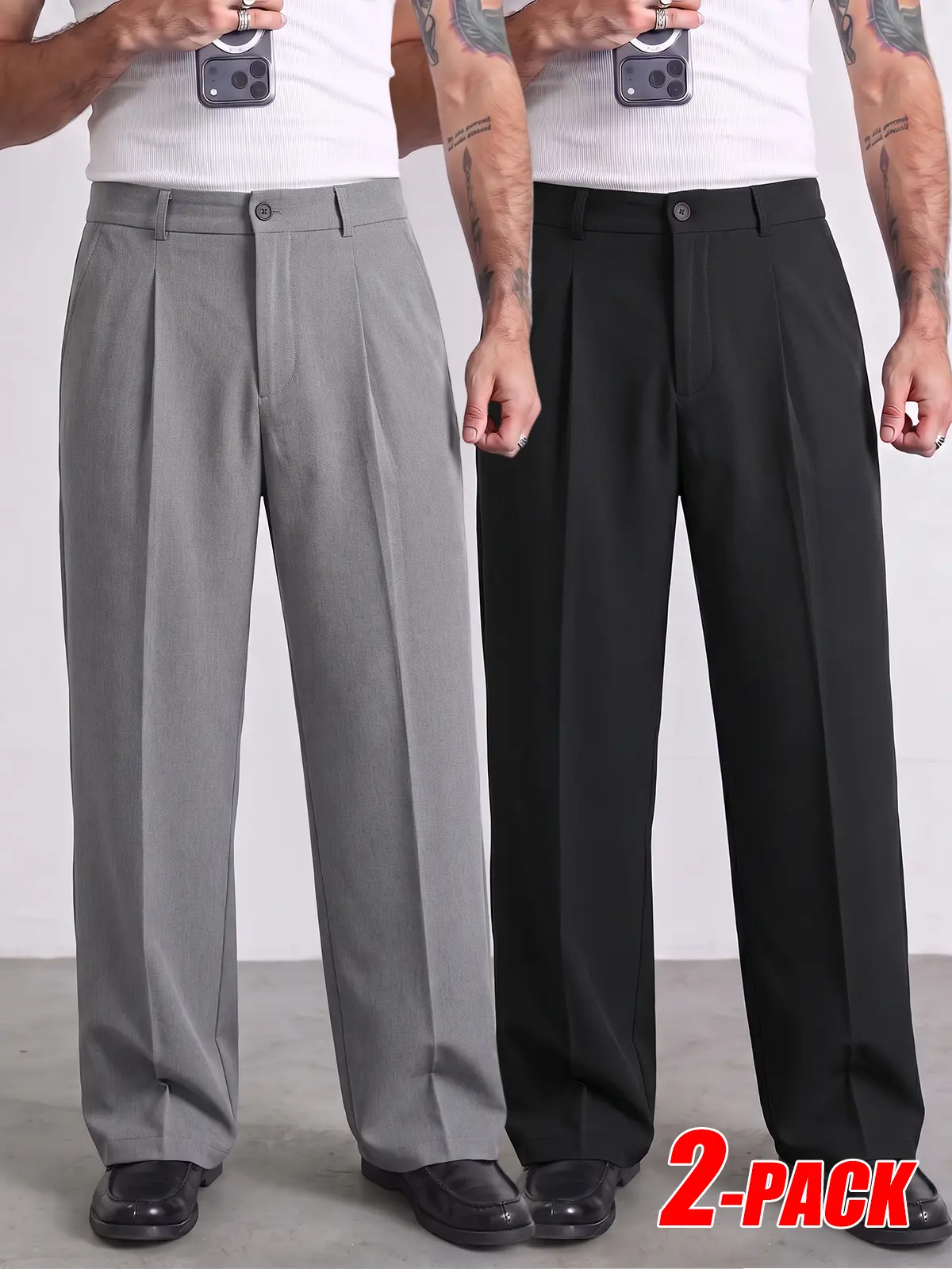2-PACK Men Straight Cropped Trousers, Wrinkle Free Ventilated Fabric, Clean Fit Minimal Urban Silhouette, Multi-Occasion Smart Casual Business Casual Cropped Pants For Urban Daily Outfit Bundle