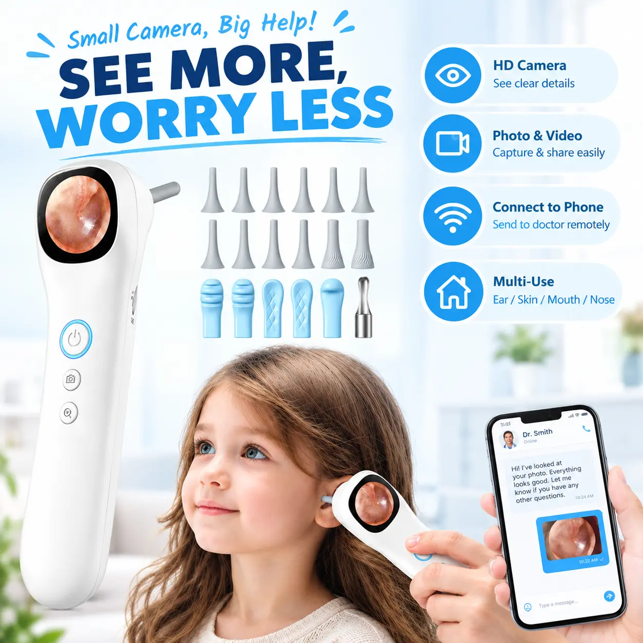 5-in-1 Silicone Gentle Daily Electronic Smart Detector, 1080P HD Camera with Light & IPS Screen, 12 Soft Tips for Ear Wax Removals, Nose, Skin & Teeth (Safe for Adults & Kids)