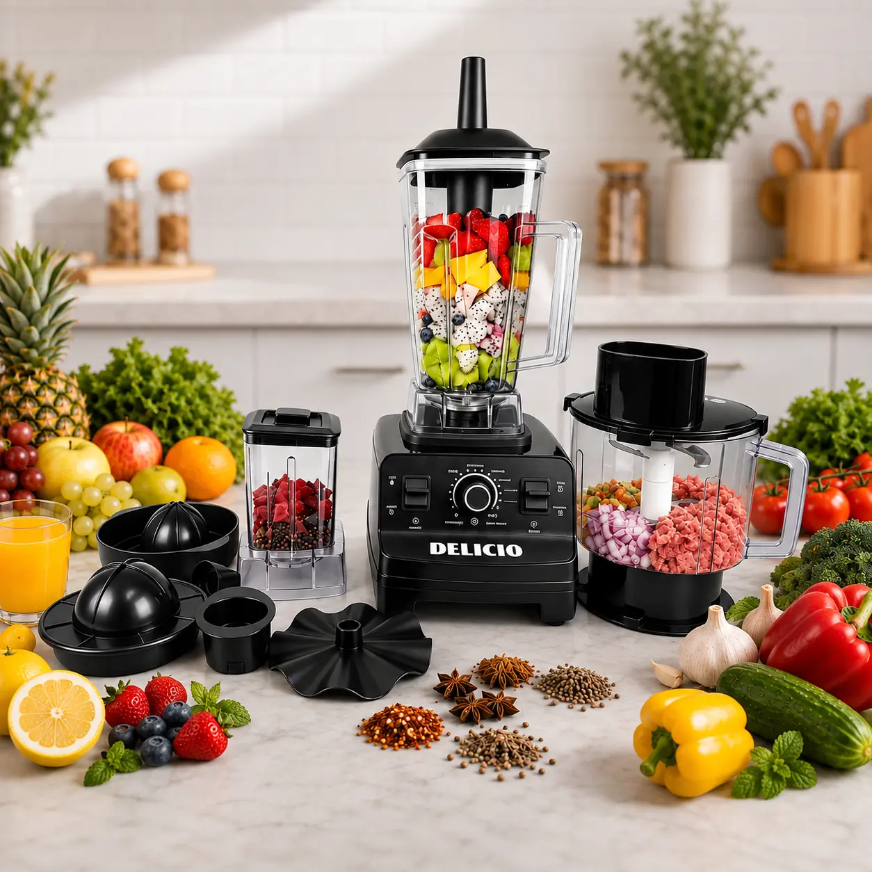 Delicio 7-in-1 High-Speed Countertop Blender & Food Processor Combo, Professional Smoothie Maker, Ice Crusher & Grinder for Kitchen,  Full Blender    Ice Crushing Blender, Smart Home Appliance for Desserts, Dips, Coffee Beans