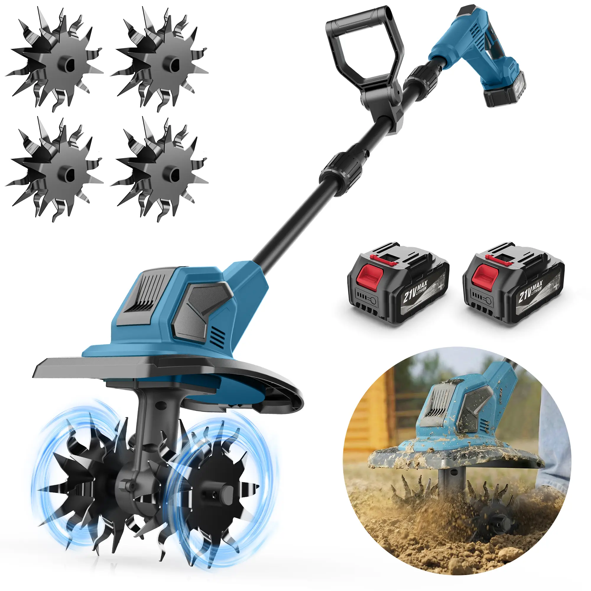 Cordless Cultivator & Tiller, 21V Electric Garden Tillers with 2×4000mAh Battery 120 Mins Runtime, 270 RPM Manganese Steel Blades, Lightweight 11.6 lbs, Ergonomic Design for Vegetable Plots Flowerbeds