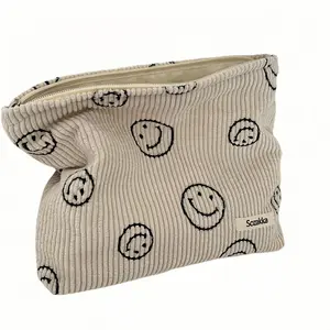 Cute Smiley Face Corduroy Makeup Bag, Retro Aesthetic Smile Cosmetic Pouch  Women , Y2K Travel Toiletry Bag, Trendy Zipper Organizer, , Perfect Mother’s Day Gift for Mom, Daughter, Sisters , Best Friend, Teen Girl