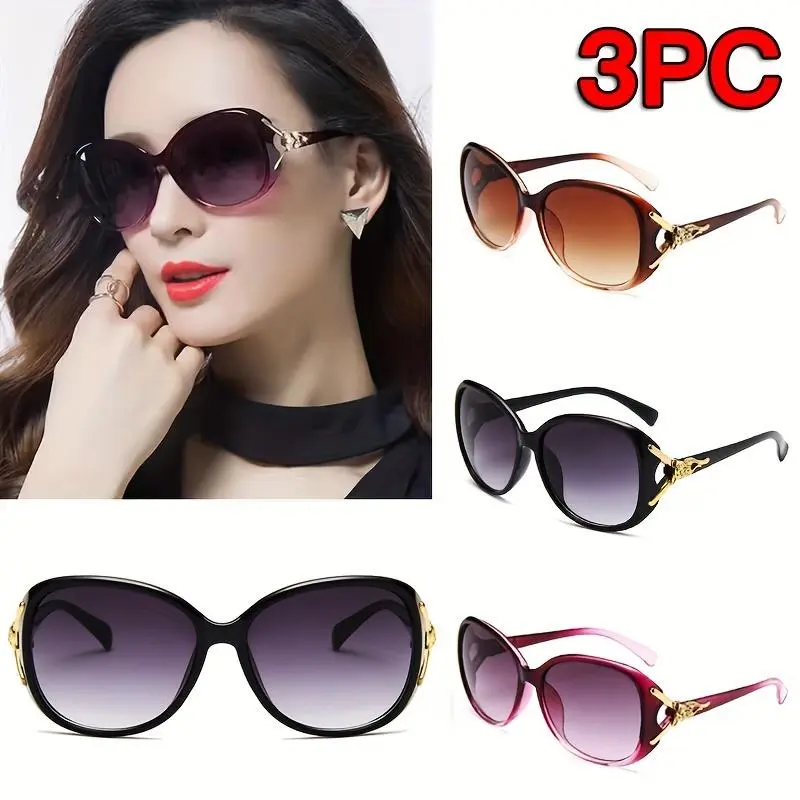 3pcs Oval Large Frame Women's Fashion Glasses Retro Luxury Golden Fox Light Luxury Style Decorative Glasses