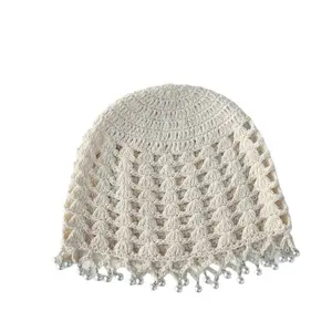 Women Ethnic Style Hand Crochet Flower Head Wrap Hat, Hollow Out Breathable Yarn Knitted Pullover Hat, Elegant Pearl Pendant Retro Fashion Headwear