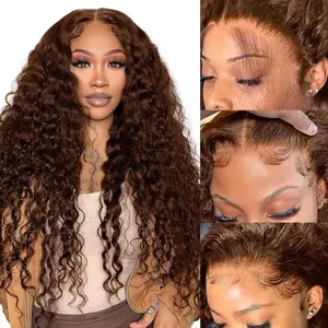Chocolate Brown Deep Wave 13X6 HD Transparent Lace Front Wigs Brazilian Deep Curly Human Hair Wigs for Black Women Pre Plucked with Baby Hair 180% Density