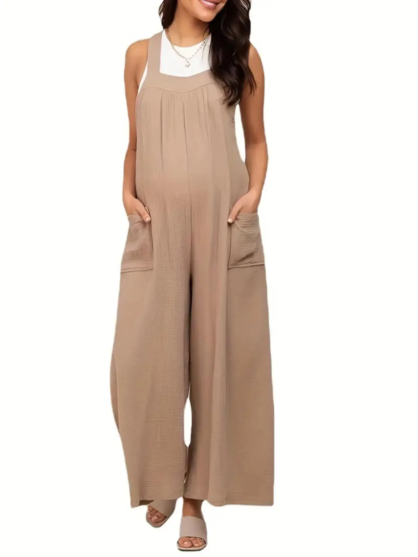 Solid Pocket Wide Leg Maternity Jumpsuit, Casual Comfy Sleeveless Jumpsuit for Summer, Maternity Clothes for Daily Wear