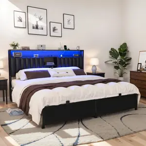 King Size Bed Frame with Storage Headboard Built-in Charging Station and LED Lights PU Leather Upholstered Under-Bed Storage Noise-Free
