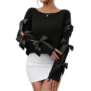 Elegant Bow-Knot Hollow Sleeve Sweater |   Crew Neck, Solid Color, All-Season Wear