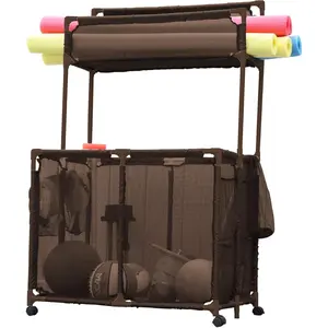 Large Mesh Rolling Double Decker Pool Storage Organizer Holder Bin for Noodles Toys Balls Floats, Brown Style, 35.3" W x 23" L x 59.4" H