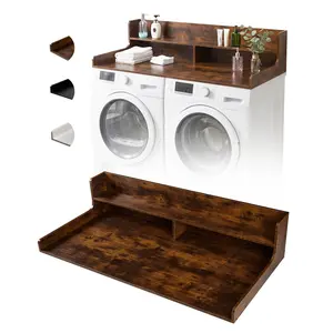 54" x 27.5" Washer and Dryer Top Cover Table, Multifunctional Laundry Organizer Station with 12" Anti-Drop Backboard, Thick Wooden Laundry Folding Table with Anti-Vibration Mat