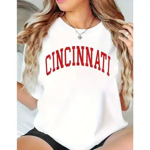 Women's White Cincinnati Arched Red Letter Print T - Shirt, Casual Crew Neck City - Inspired Tee for Daily Wear, School, & Urban Outings LDZ
