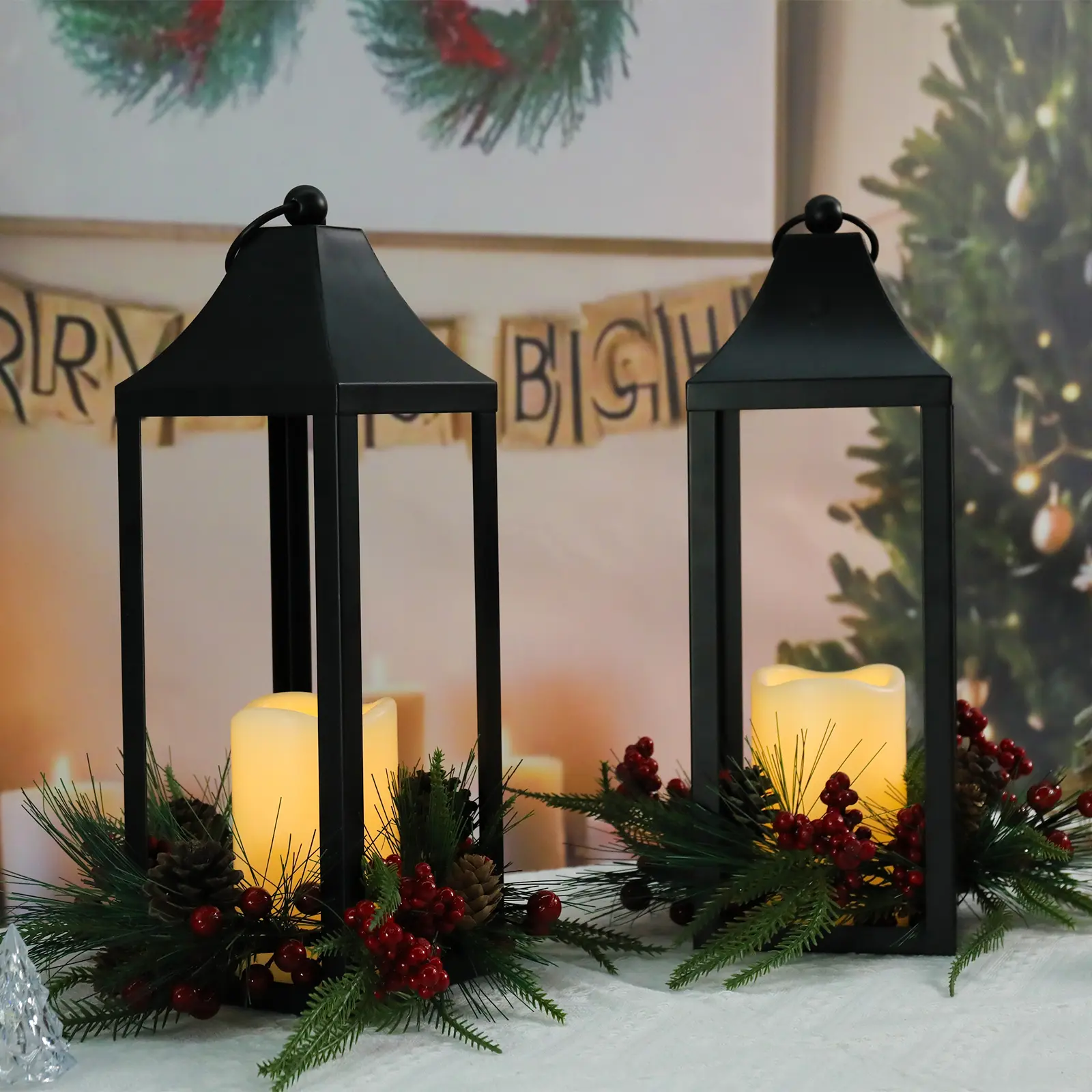 MUMTOP 2-Pack Classic Black Luminous Christmas LED Lantern Ornaments - Batteries-Powered Flameless Fume-Free Safety Candles, Metal Lanterns with Pine Cones, Berries, Tabletop Indoor/Outdoor Holiday Lighting Decor