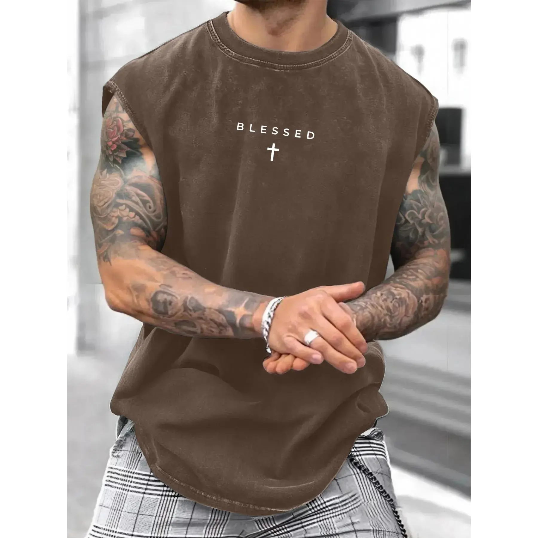 Men's Loose-Fit Sleeveless Short Graphic T-Shirt, Pure Cotton Breathable Menswear Streetwear Street Style Summer Top, Casual Fashion Design for Daily Wear & Sports