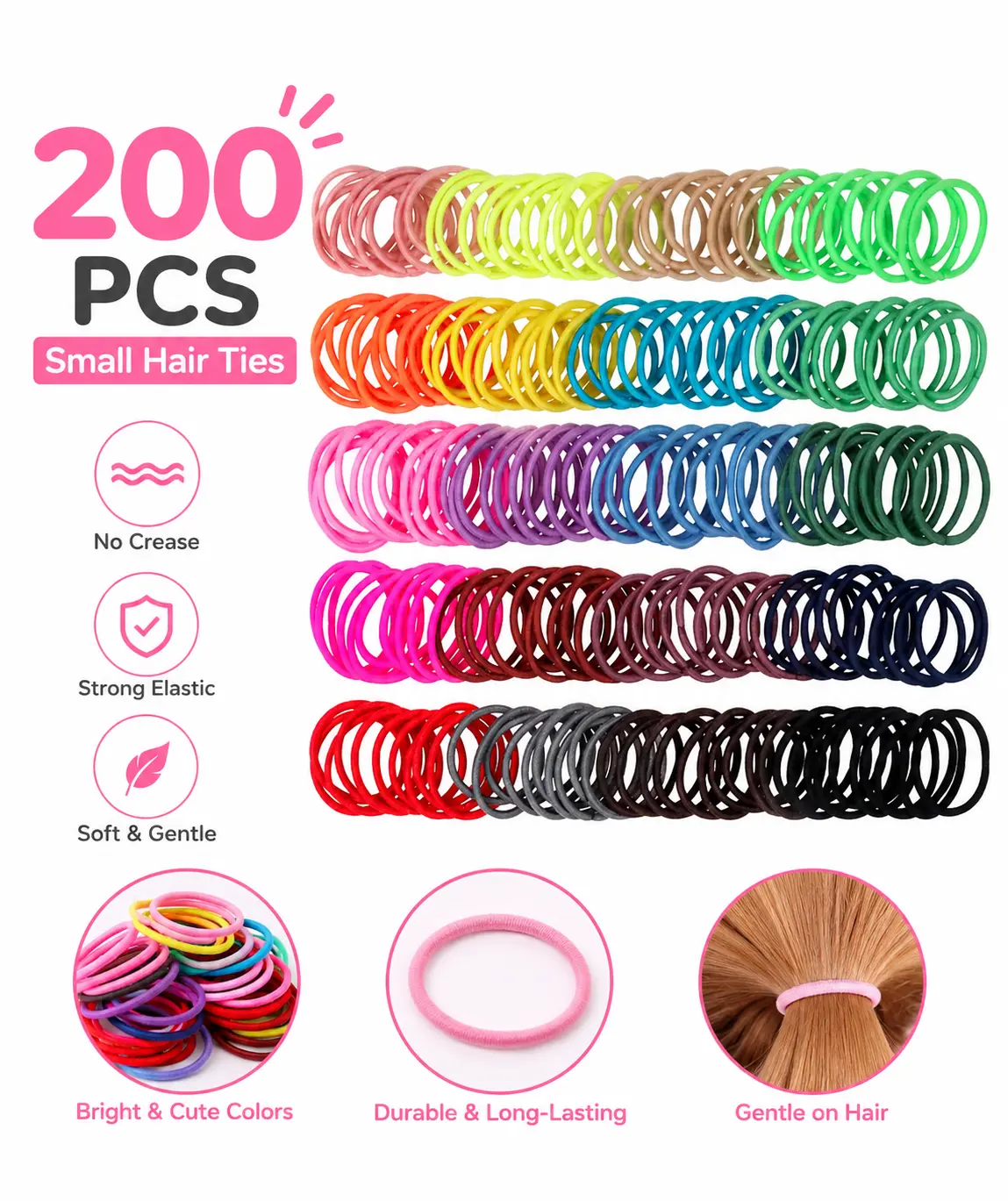 200PCS Small Hair Ties,No Crease Baby Hair Ties,Elastic Hair Ponytail Holder Hair Accessories for Baby Girls Infants Toddlers Kids