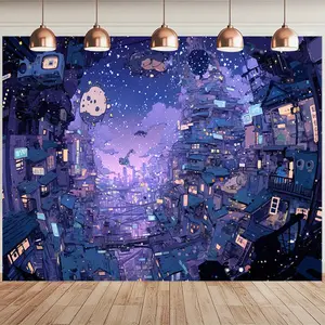 Starry Night Anime Town Tapestry - Polyester Wall Hanging for Bedroom & Living Room Decor, Includes Free Accessories