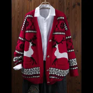 New[Plus Size] Christmas Reindeer Print Sweater Cardigan, Casual Long Sleeve Knitwear for Winter, Women's Plus Clothing for Daily Wear