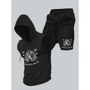 Two-Piece Set Men's Regular Fit Eagle Print Shortsleeve Hooded Tank Top & Shorts Set, Casual Sleeveless Top & Shorts, Men's Summer Clothes