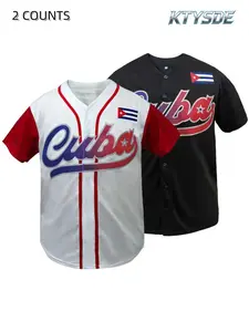 KTYSDE Cuba Style Baseball Jersey for Men Women, with Cuban Flag Patch Button Down Short Sleeve Red White Casual Sports Fan Shirt Sports Tops