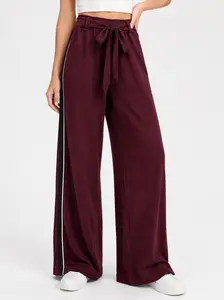Burgundy Tie Waist Wide-Leg Pants – Relaxed Side Stripe Pull-On Trousers