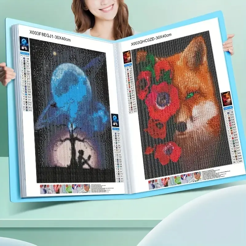 Artificial Diamond Painting Storage Book with Handle, PP Material, Holds Up to 60 Pieces, 30 Pages, 17.3x13.1 Inches, Diamond Art Tools