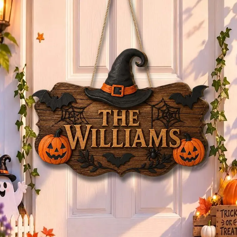 Personalized Halloween Door Sign, Custom Family Name Pumpkin Plaque, Vintage Halloween Decor 2026, Haunted House Welcome Sign, Pumpkin Witch Porch Decor, Front Door Hanger, Fall Decor 2026