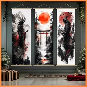 Japanese Samurai Ink Painting Scroll Set, 1 Count Vintage Canvas Art Print, Wooden Wall Art for Home, Office, Bedroom Decor, Ornaments