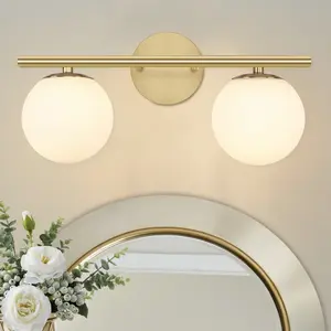 YHTlaeh Bathroom Wall Light Fixture, 2 Lights Bathroom Vanity Light With Brushed Brass Milk White Globe Glass Shades, Brushed Brass Vanity Lights For Bathroom, Powder Room, Vanity Table, Bedroom, Kitchen(Exclude G9 Bulb)
