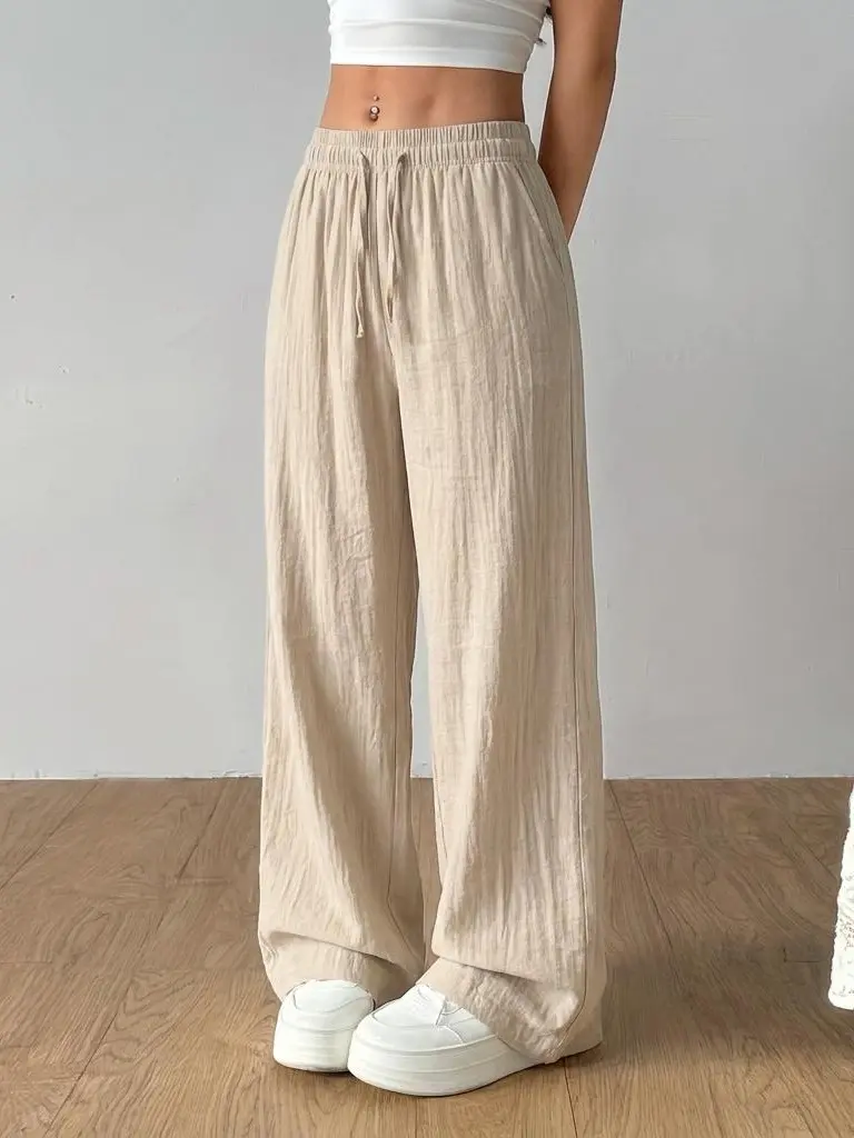 Women’s mid-rise linen wide-leg pants—lightweight, breathable casual trousers for summer beach vacation outfits