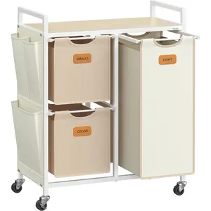 Laundry Hamper with 3 Compartments, 26.4 Gal.(100 L) Laundry Sorter, Rolling Laundry Cart with Shelves, Small Side Pockets, 6 Labels, Natural Beige, Camel Brown and Cream White UBLH202N01