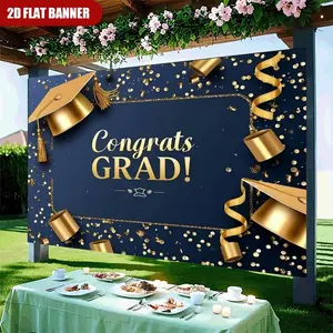 2D 1pc Polyester Banner, Deep Blue Base Gold Cap Design, High-Definition Print, Graduation Celebration, Indoor Outdoor Party Decor