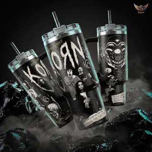 Korn Follow The Leader 40oz Vacuum Insulated Stainless Steel Water Bottle - Youth Code Pixel Grip, Band Collage, Tour Dates Venues Art, Handle, Leakproof Portable Insulation Drinkware for Nu-Metal Fans