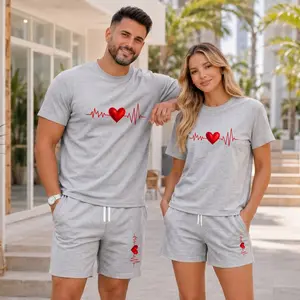 Couples’ Romantic Heart Graphic T-Shirt and Shorts Set, Casual Summer Two-Piece Outfit with Drawstring Shorts for Home and Outdoor Activities