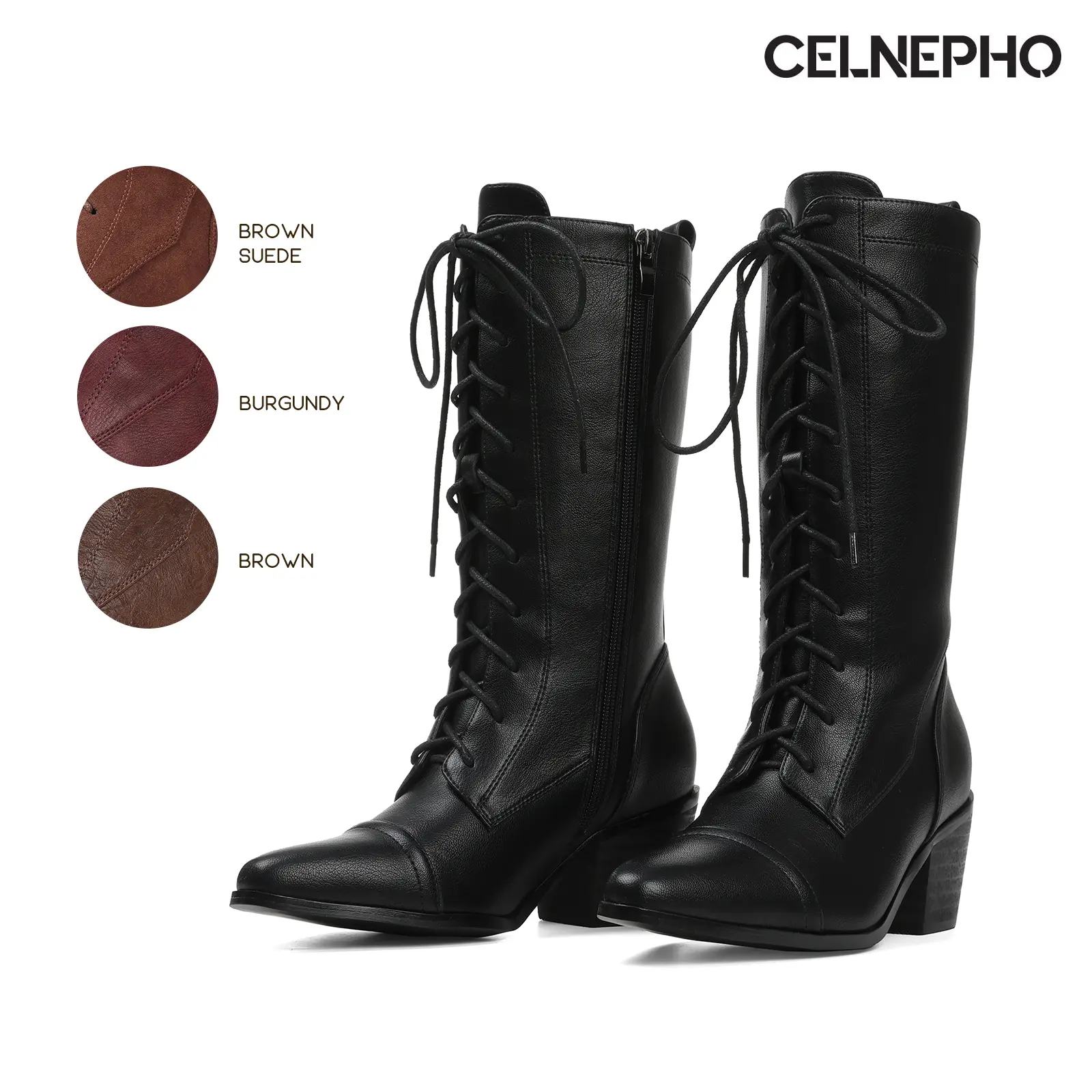 CELNEPHO Womens Mid Calf Boots Victorian Style Granny Boot Pointed Toe Chunky Block Heel Side Zipper LaceUp Easy Pull on Comfy Outdoor Clubbing Event Party Office Casual Steampunk Gothic Vinatge Combat Biker Fall Fashion Dressy Shoes