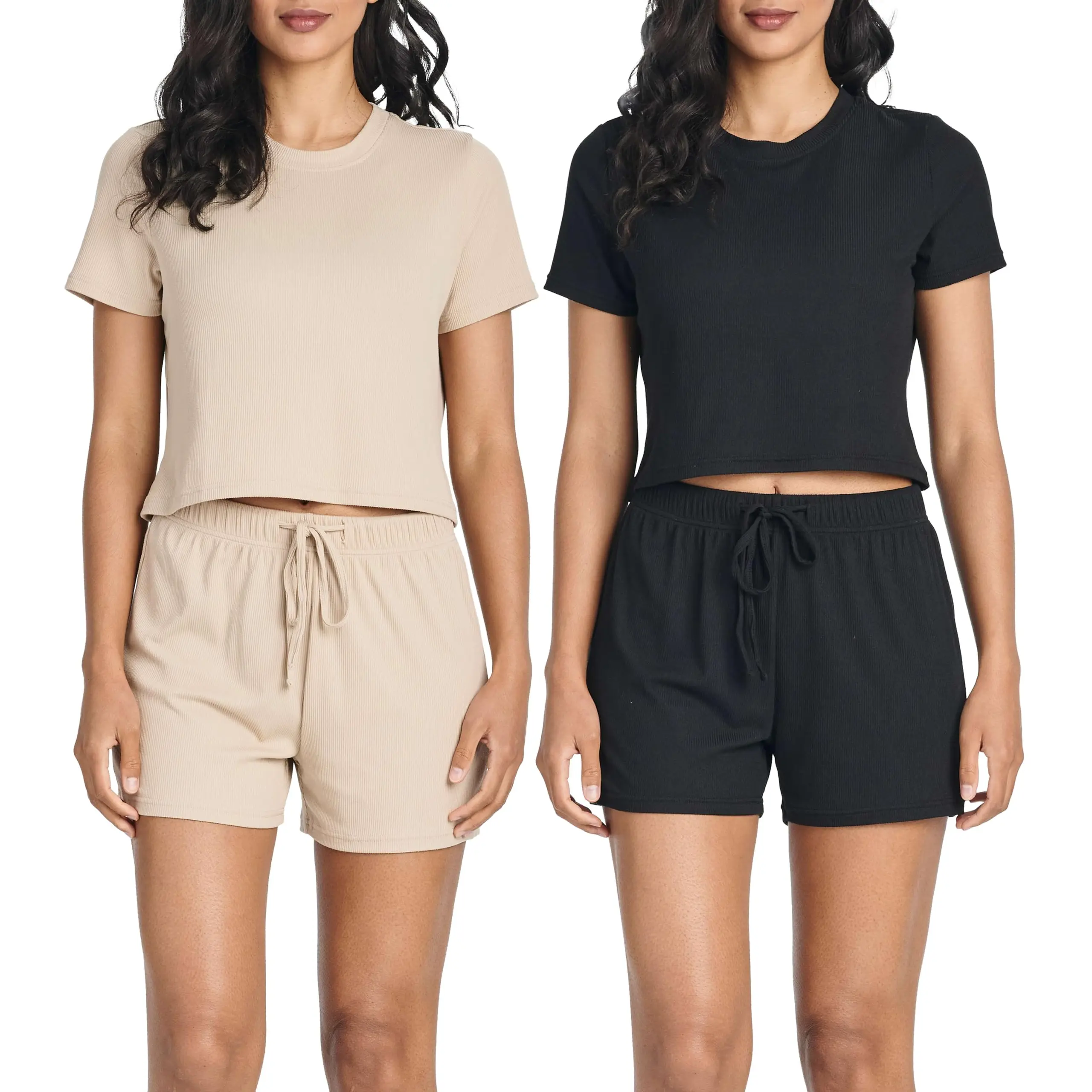 Real Essentials 2 Pack:Women's Soft Ribbed Knit Crop Top & Short Matching Lounge Set - 4 Piece Summer Sweatsuit