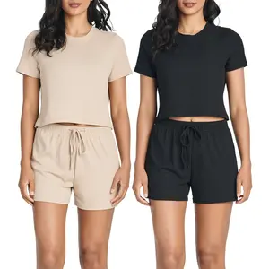 Real Essentials 2 Pack:Women's Soft Ribbed Knit Crop Top & Short Matching Lounge Set - 4 Piece Summer Sweatsuit