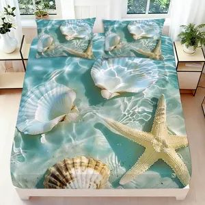 2/3 Pcs 2D Flat Ocean Themed Fitted Sheet Set Seashell Starfish Bedding Set Quilt Cover 1 Fitted Sheet+ 1/2 Pillowcases Beach Inspired Top Sheet Decorative Bedding Bedroom Decor