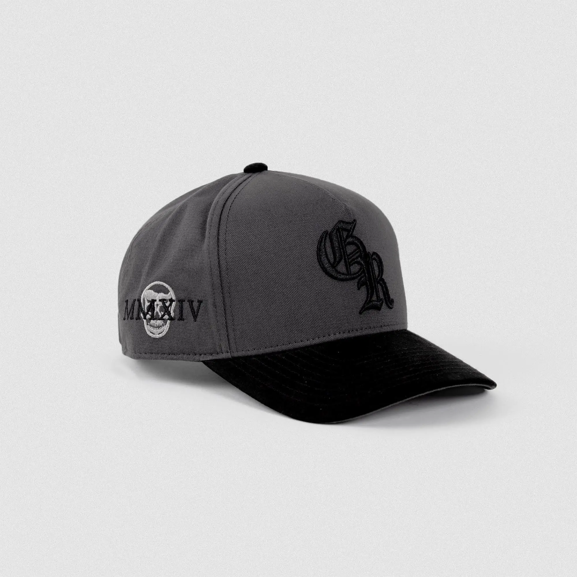 5-Panel Initial Suede Hat - Gray/Black with Curved Suede Bill, Embroidered Initial Logo, Adjustable Branded Buckle, One Size Fits Most 5-Panel Initial Suede Hat - Gray/Black with Curved Suede Bill, Embroidered Initial Logo, Adjustable Branded Buckle, One Size Fits Most