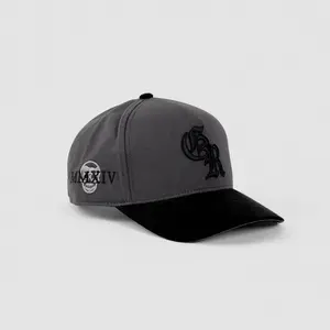 5-Panel Initial Suede Hat - Gray/Black with Curved Suede Bill, Embroidered Initial Logo, Adjustable Branded Buckle, One Size Fits Most