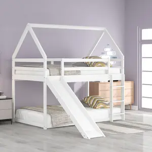 Heavy Duty Twin-Size Arch Bunk House Bed for Kids' Bedroom, Indoor Furniture Bed Frame with Slide and Ladder, White, Heavy Duty Bunkbeds Toddler Bed Kid Climbing Bed